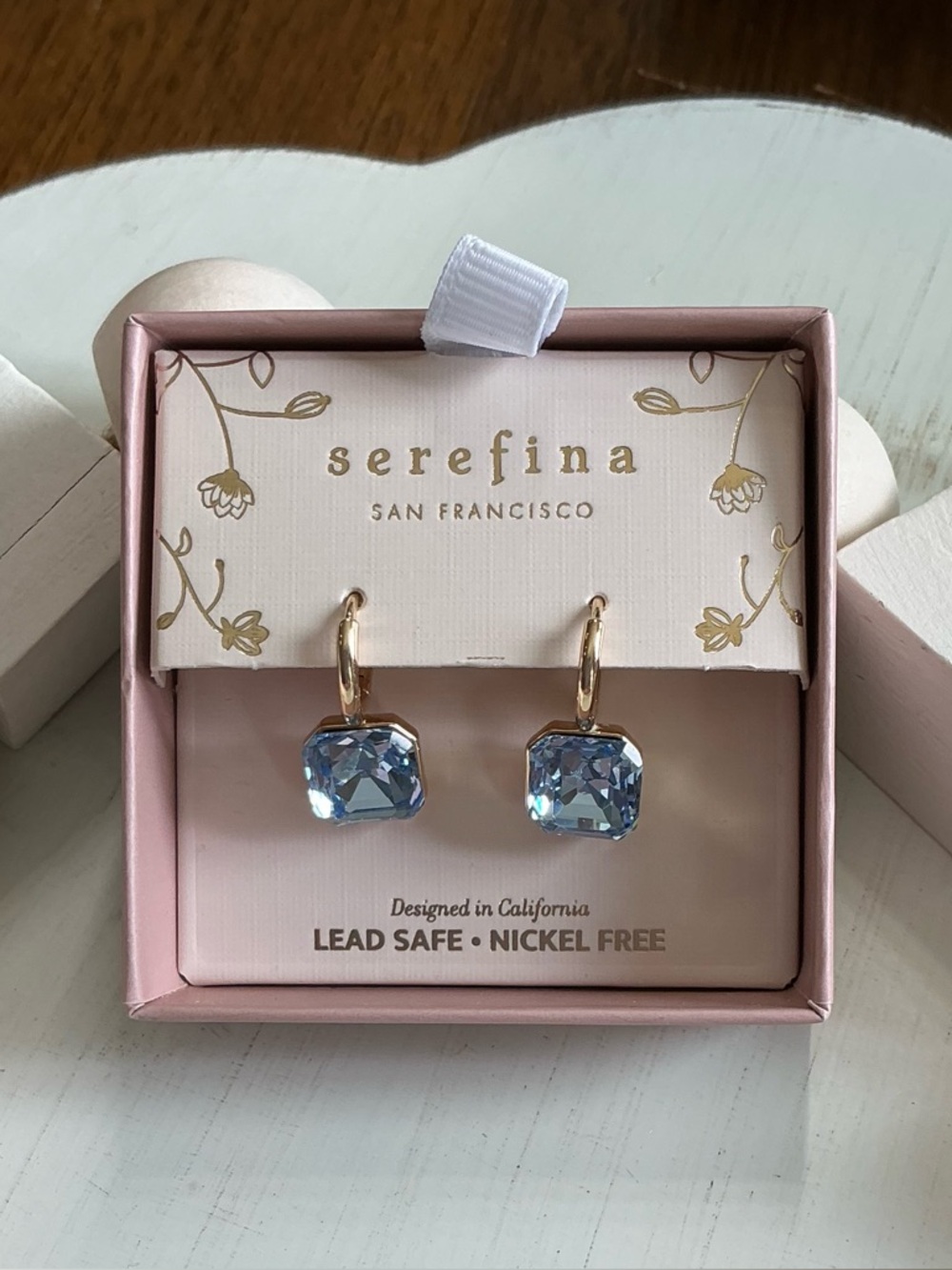 Serefina Gold Hoop Earrings with Light Blue Crystal Drops